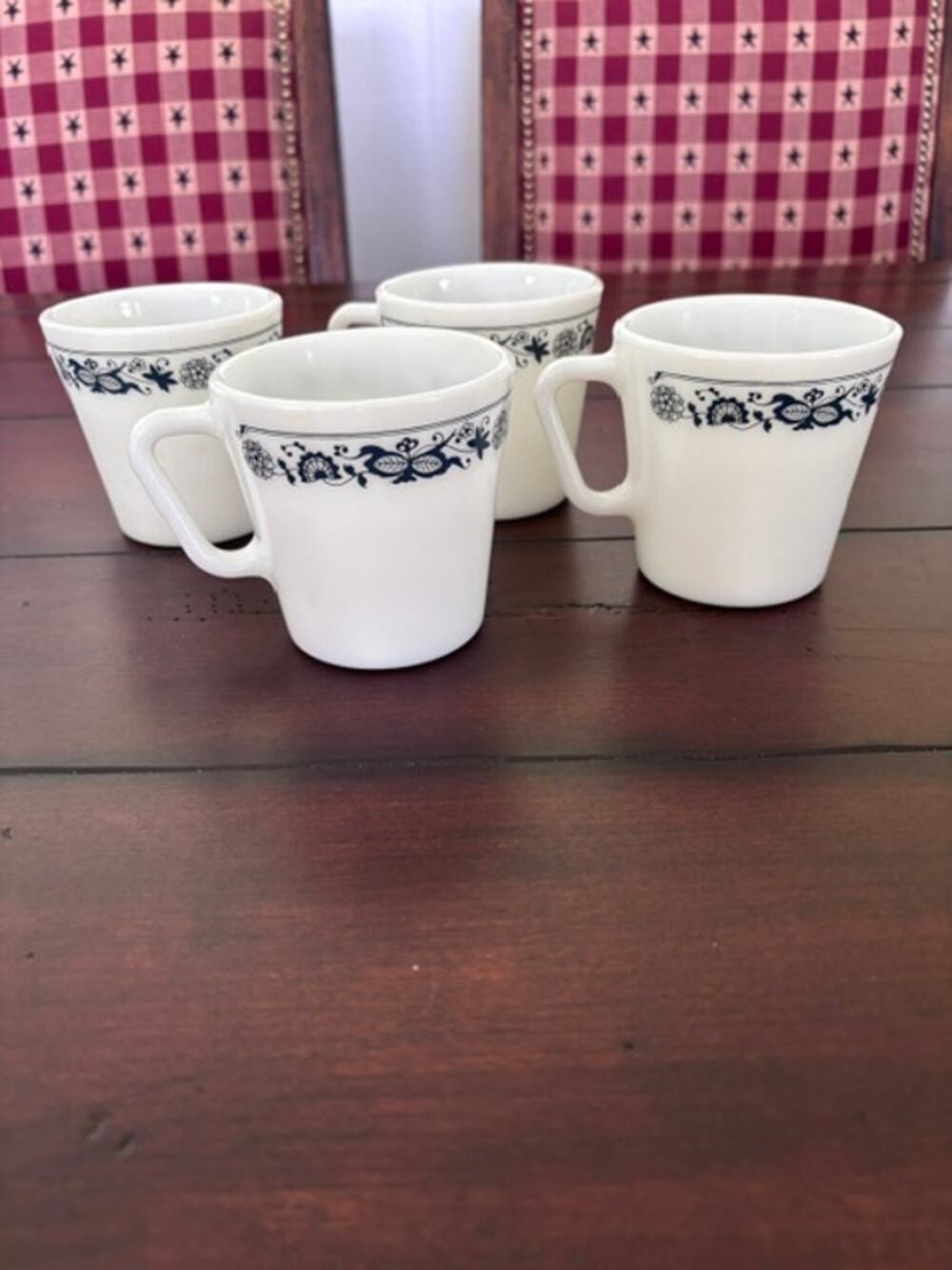 Set of 4 Vintage Pyrex Milk Glass Mugs Blue Floral‎ Coffee Cups USA